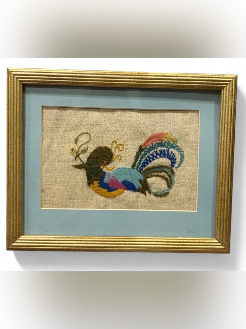 Vintage Handmade Embroidered Bird Framed Fabric Artwork Colorful Embroidery Art